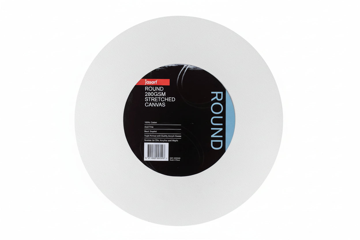 Round artists canvas with a label on a white background suitable for oil & acrylic