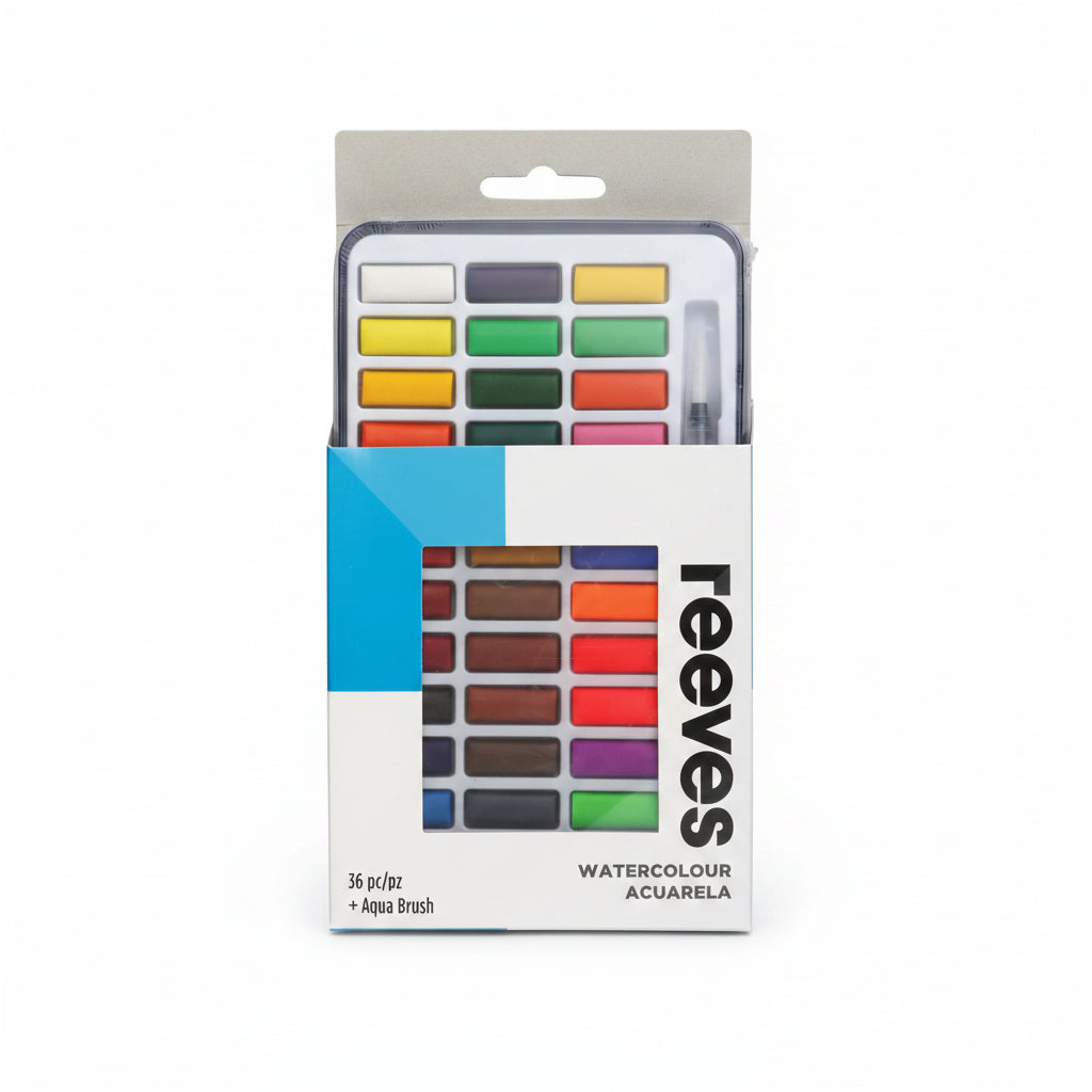 Reeves Watercolour Acuarella 36-piece set in its original retail packaging, featuring a grid of watercolor pans in various colors and a small aqua brush.