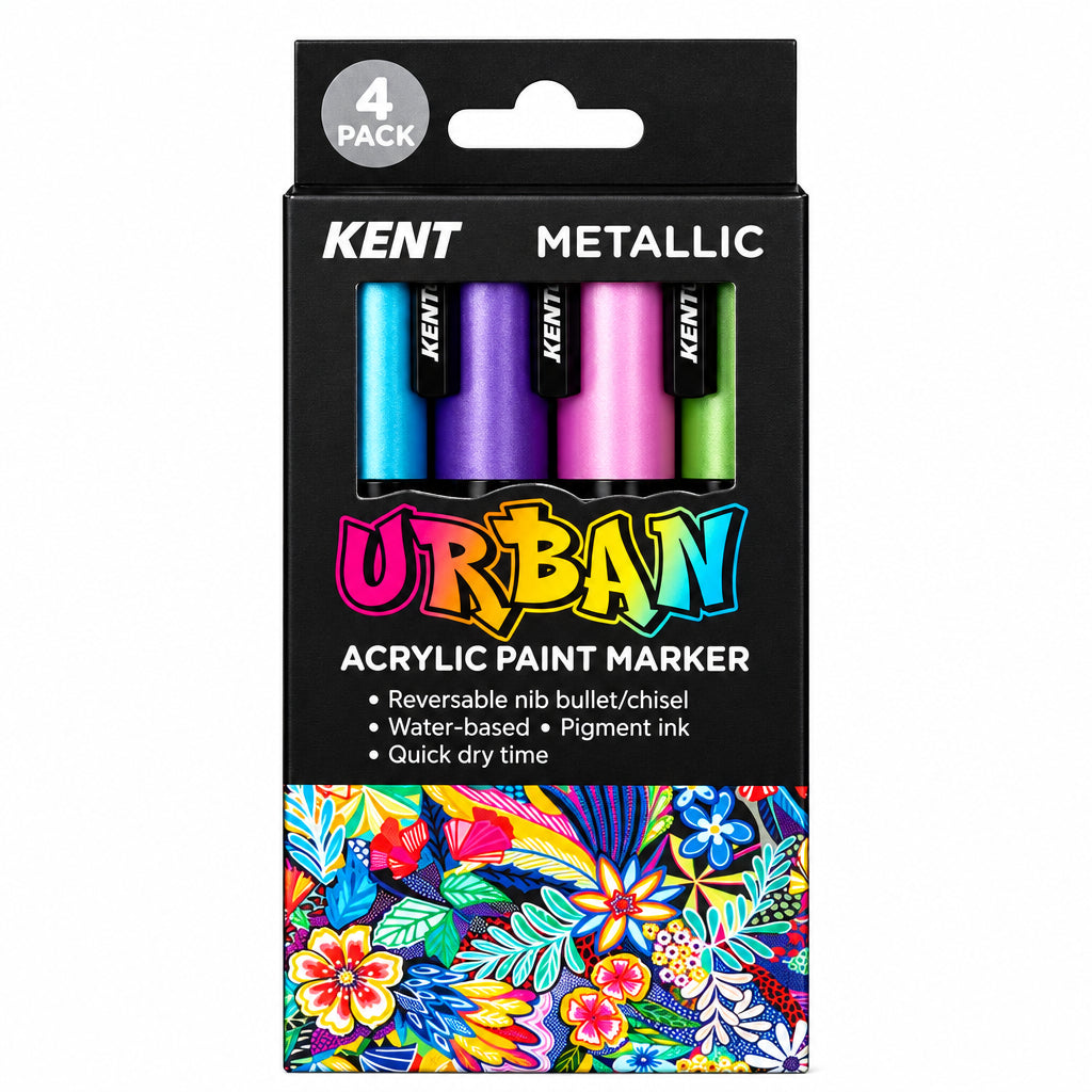 A set of KENT Urban Acrylic Paint Markers with black, white, and multicolor caps, displayed on a white background.