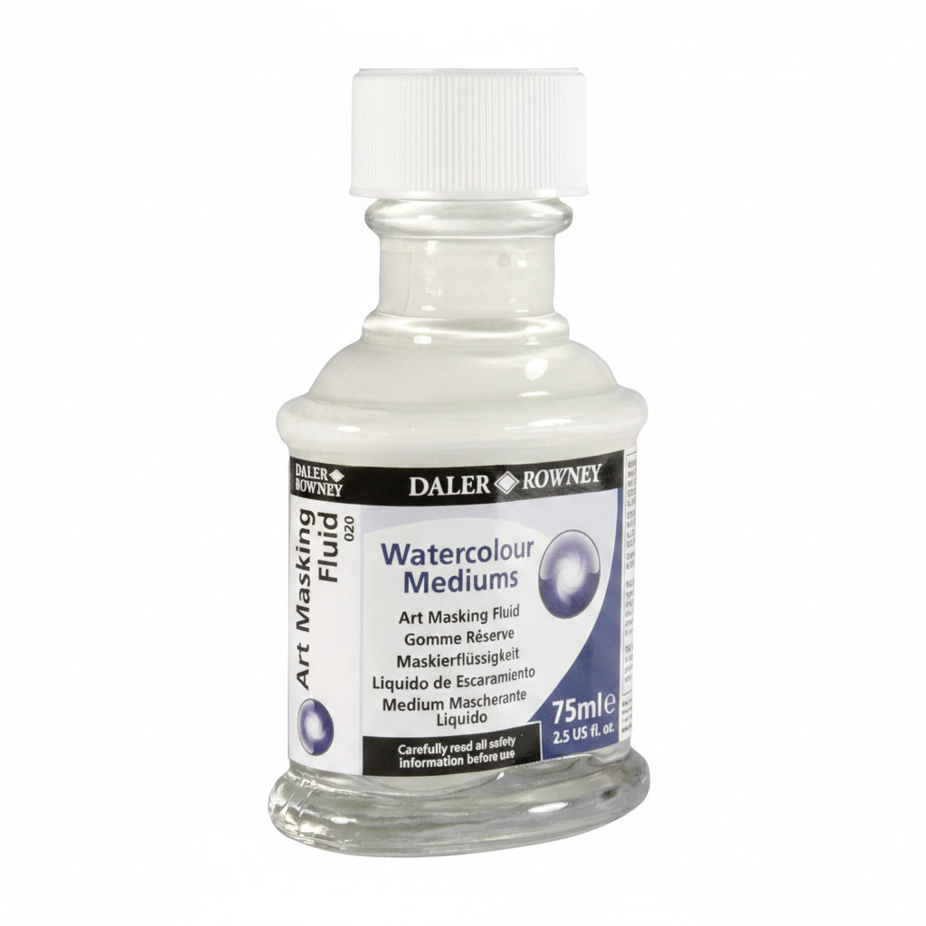A 75ml bottle of Daler Rowney Watercolour Mediums Art Masking Fluid, featuring a white cap and a label with blue, purple, and black sections on a white background.