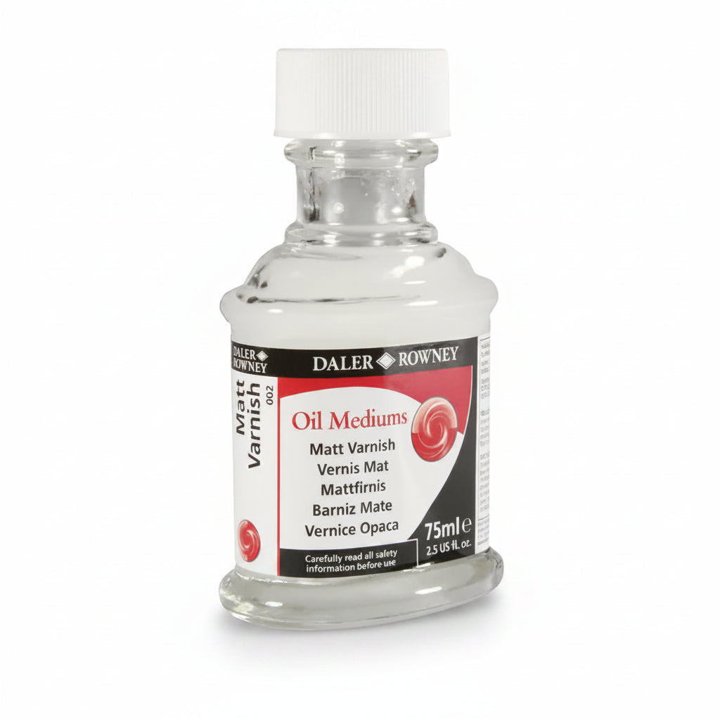 A 75ml bottle of Daler Rowney Matt Varnish Oil Mediums, featuring a white cap and a label with red, black, and white sections, set against a plain white background.