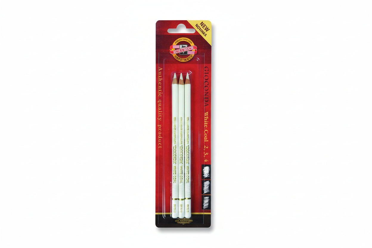 Packaged set of white charcoal pencils with a red and yellow label on a white background