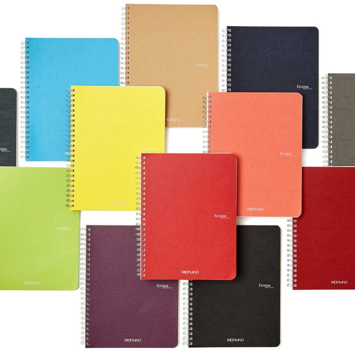 A collection of Fabriano Ecoqua Spiral Notebooks in various solid colors, displayed open to show the light ivory paper inside.