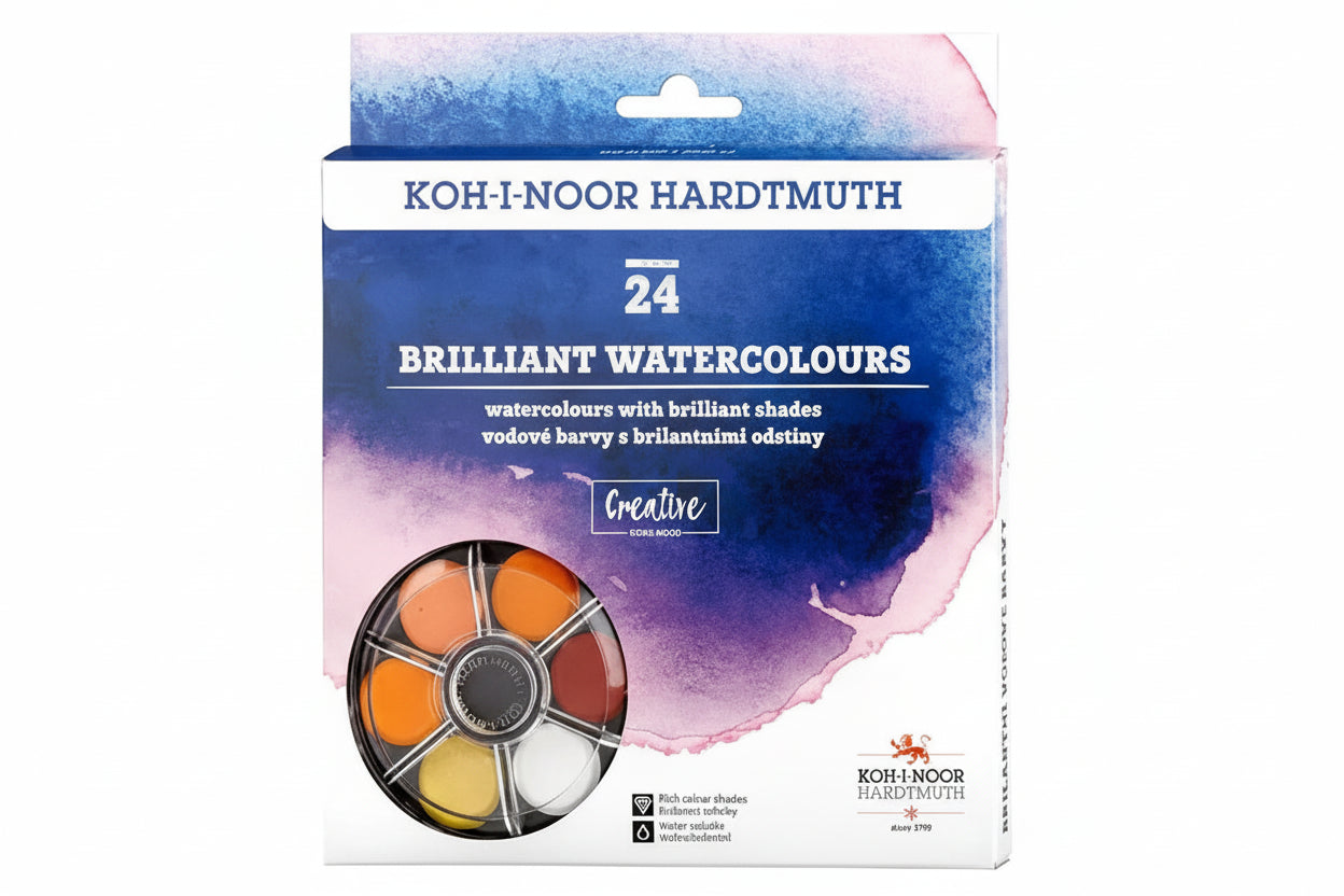 Packaging of KOH-I-NOOR Hardtmuth Brilliant Watercolours with 24 colors displayed in a wheel format, predominantly in bright and vibrant shades.