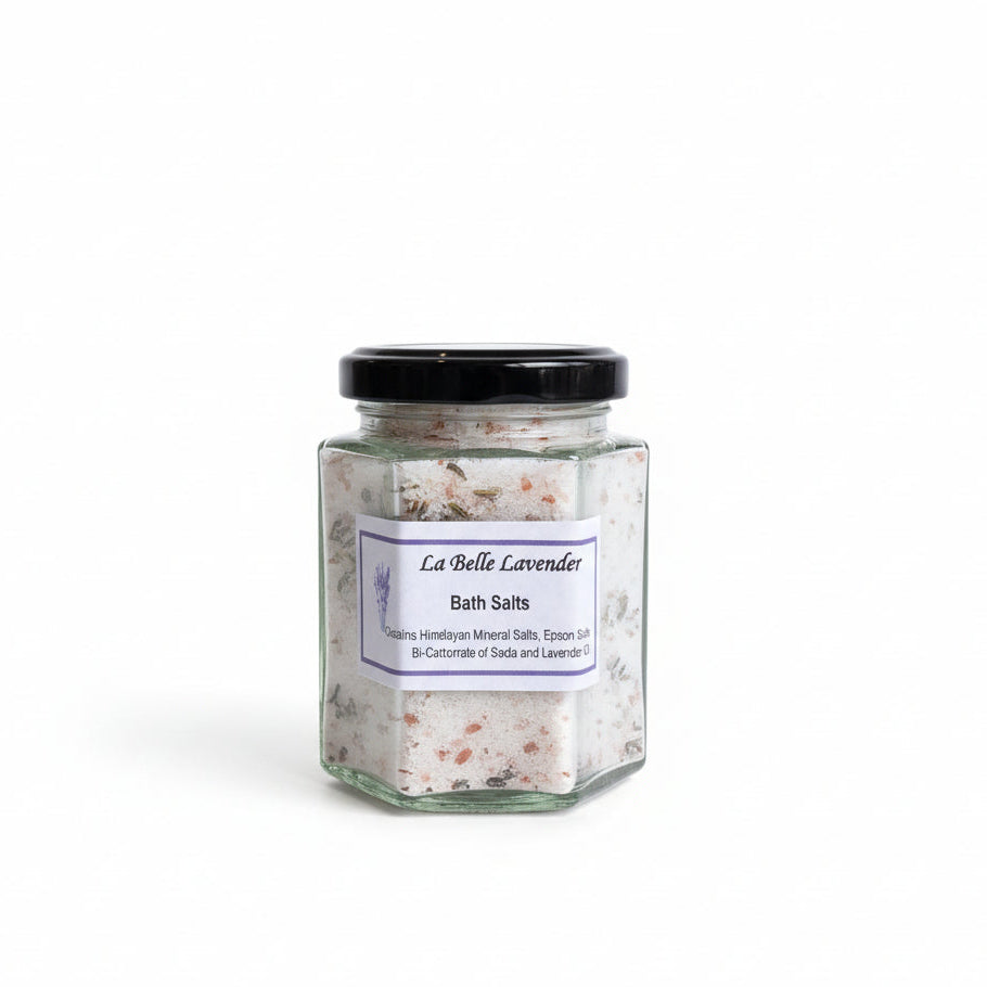 La Belle Lavender Bath Salts in a glass jar