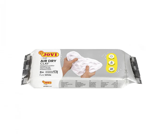 Jovi air dry clay packaging with a hand holding white clay on a white background