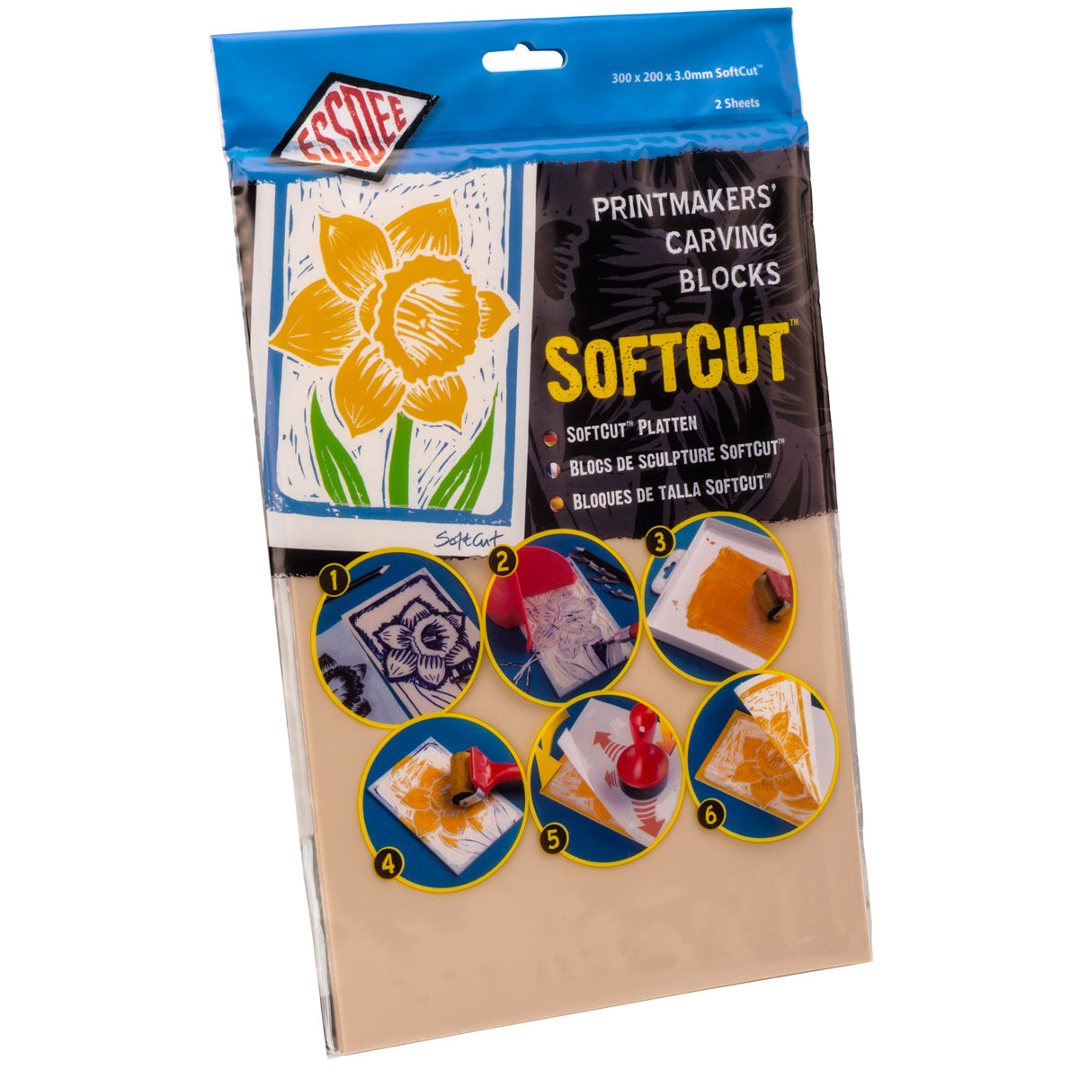 A package of SofCrit Printmakers' Carving Blocks Softcut platen, containing 3 sheets of carving blocks, shown on a plain white background.