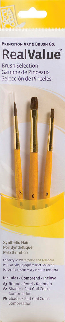 Princeton Art & Brush Co. Real Value synthetic hair paint brushes in a yellow and white hanging card package, showing three brush handles and bristles.