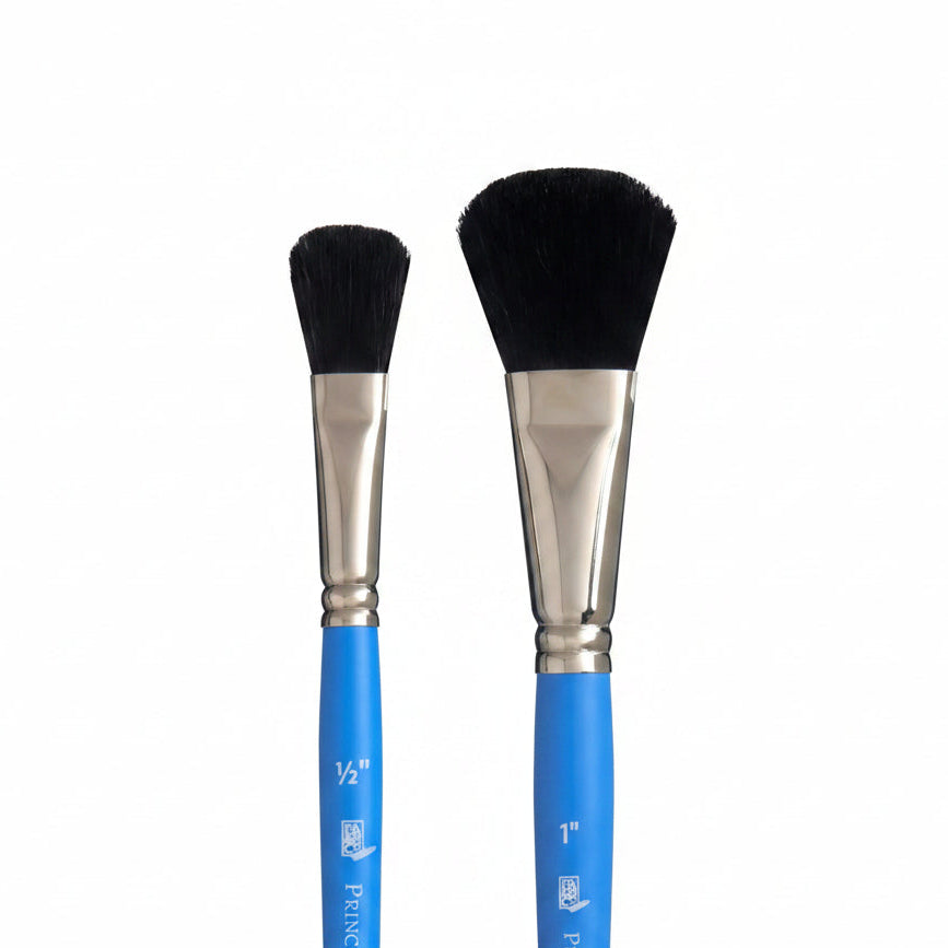 Two black mop art brushes with natural hair, featuring blue handles and silver ferrules.