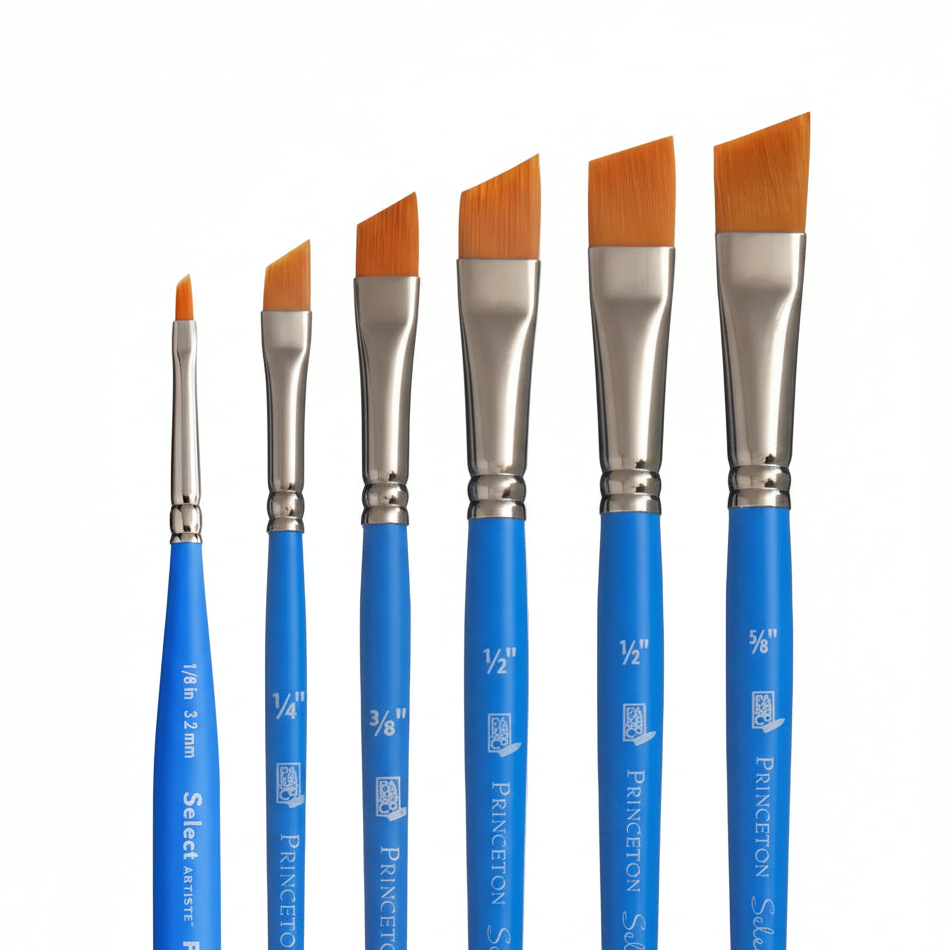 A set of Princeton Select Artiste angle shader brushes with blue handles and silver ferrules, displayed in various sizes.