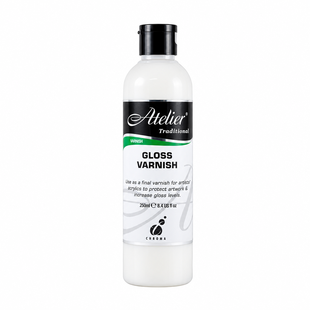 A 250ml bottle of Atelier Traditional Gloss Varnish in the shade 'Sandy', featuring a white bottle, black cap, and a black and white label with a green accent stripe.