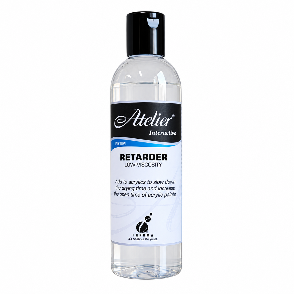 A bottle of Atelier Interactive Retarder Low-Viscosity acrylic paint retarder, featuring a black cap and a white and black label, on a solid white background.