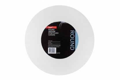 Round artists canvas with a label on a white background suitable for oil & acrylic