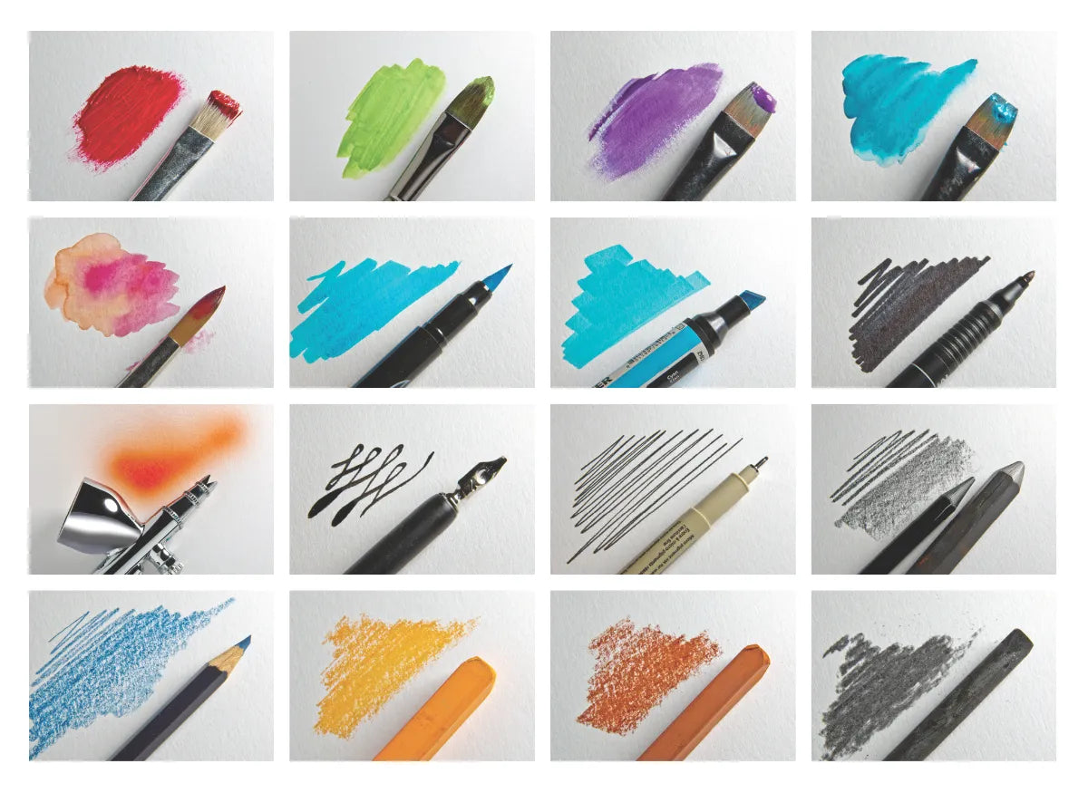 A 4x4 grid of 16 small panels showing different art and makeup colors, each paired with a writing or painting tool. The swatches include red, green, purple, blue, pink, orange, yellow, brown, black, gray, and metallic silver, with paint brushes, markers, a fountain pen nib, fine liners, an airbrush, and textured strokes on a white background.
