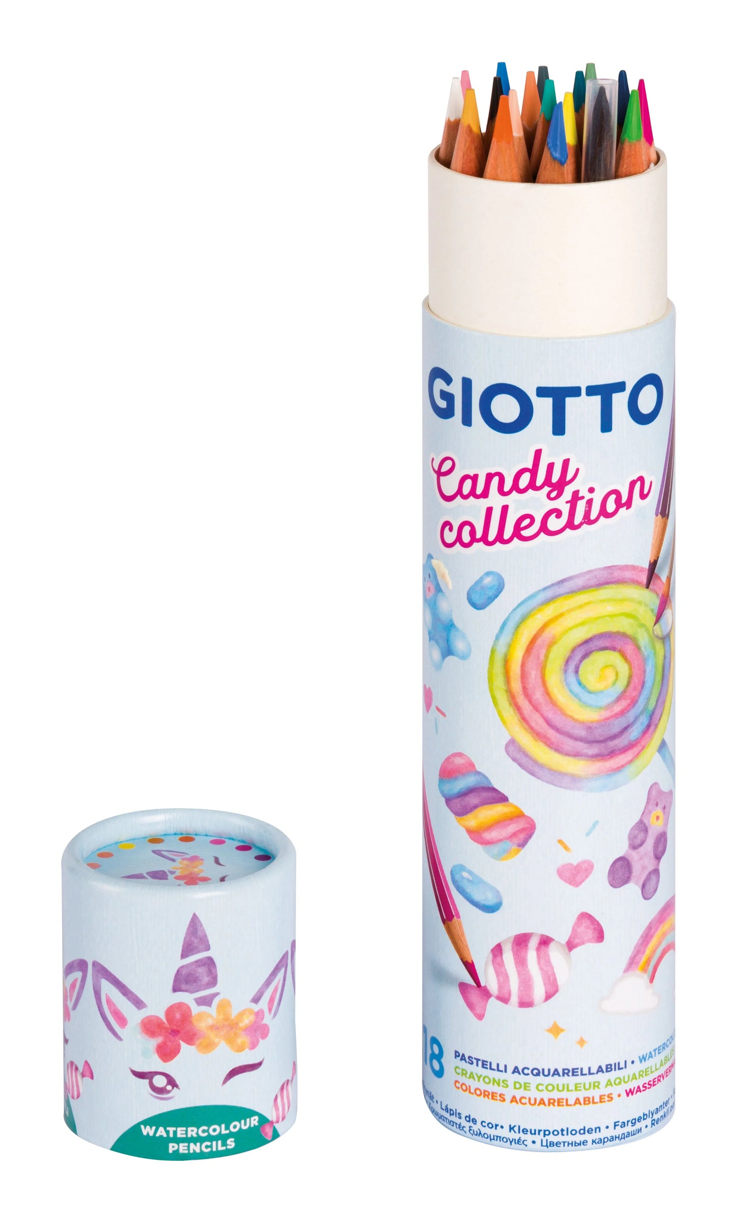 Giotto candy collection watercolor pencils in a cylindrical tube on a white background