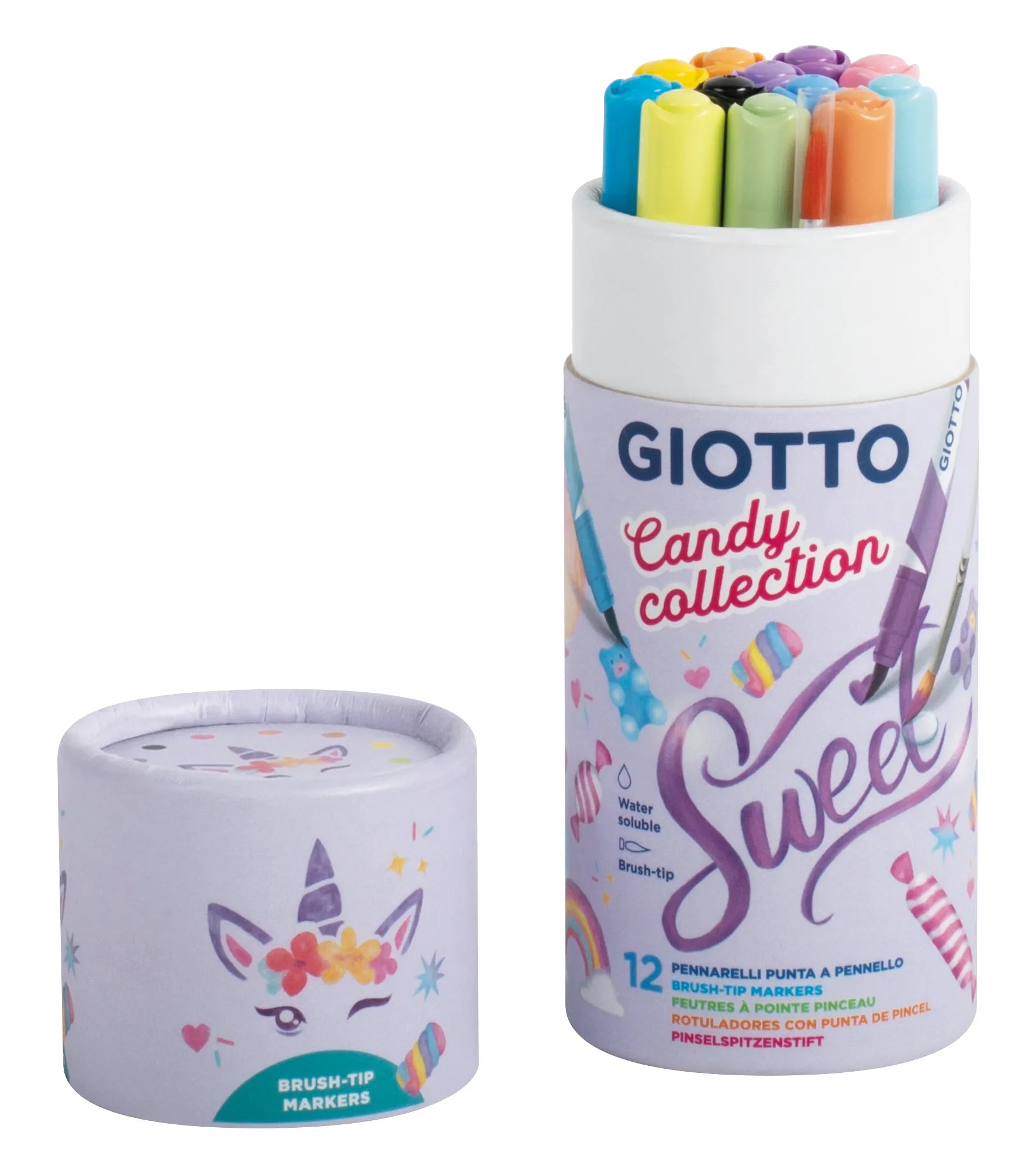 Giotto Candy Collection Sweet markers in a cylindrical container on a white background