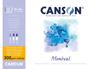 Canson Montval 12 sheet watercolour paper pack, 300gsm (140 lb), featuring a white and lavender packaging design with blue watercolor artwork.