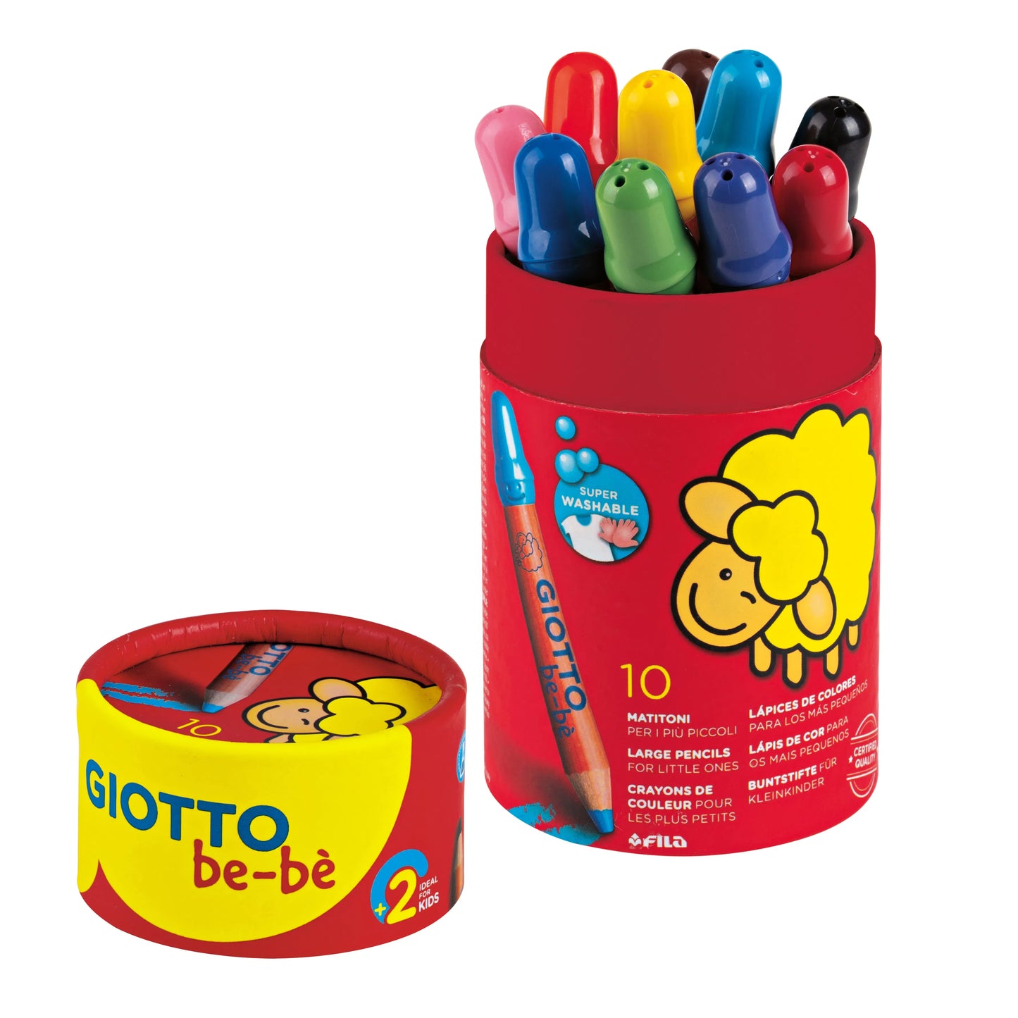 10 Kids colouring pencils in a red container