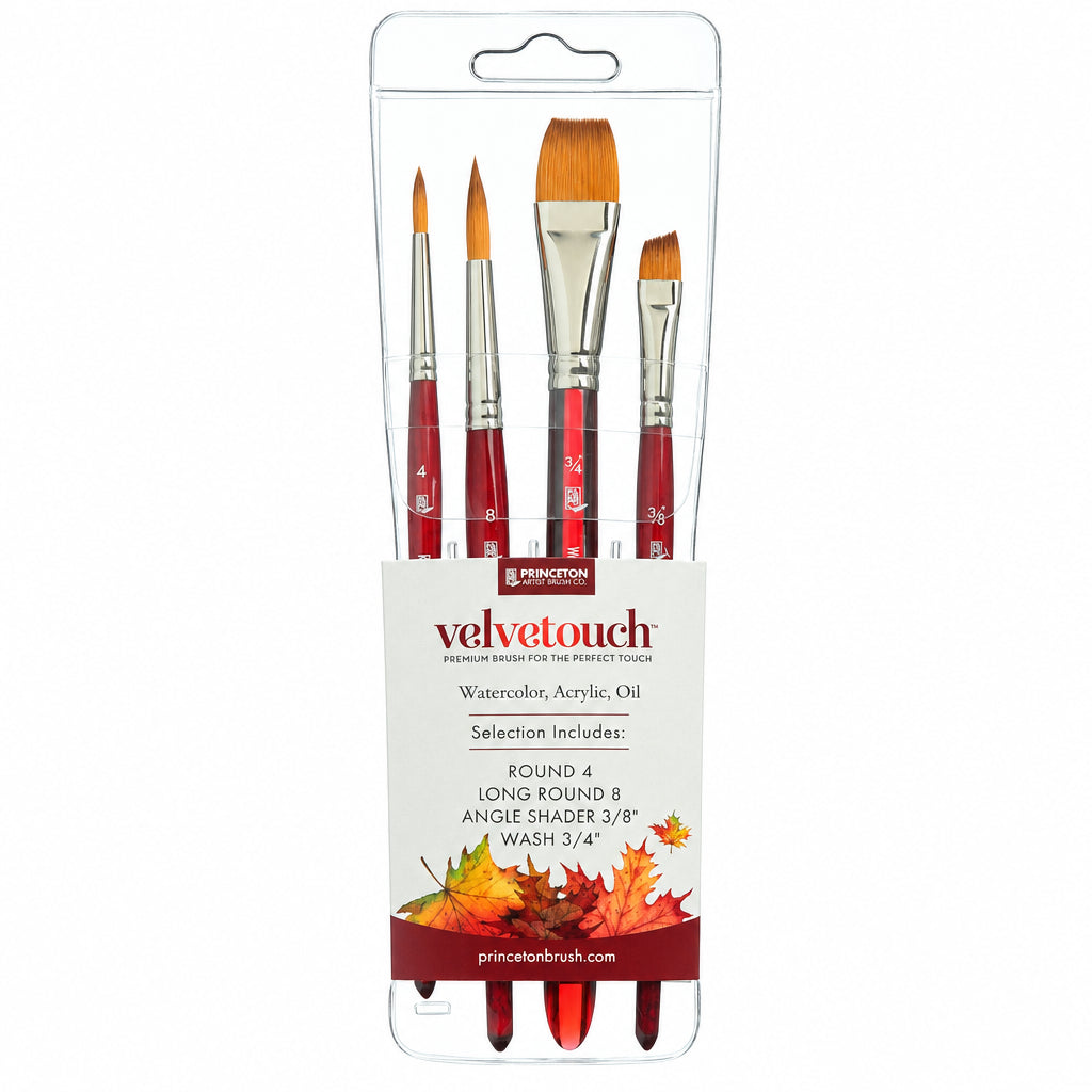 A set of four Princeton Velvetouch watercolor, acrylic, and oil paint brushes in a clear plastic blister pack with a white and red paper label.