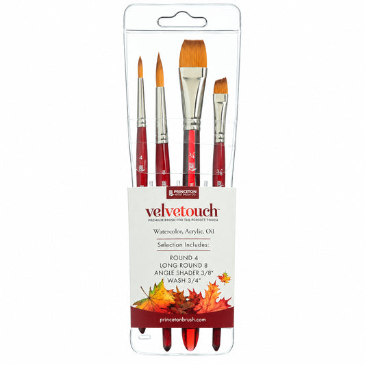A set of four Princeton Velvetouch watercolor, acrylic, and oil paint brushes in a clear plastic blister pack with a white and red paper label.