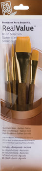 Set of Princeton Art & Brush Co. RealValue paint brushes in a holder on a white background