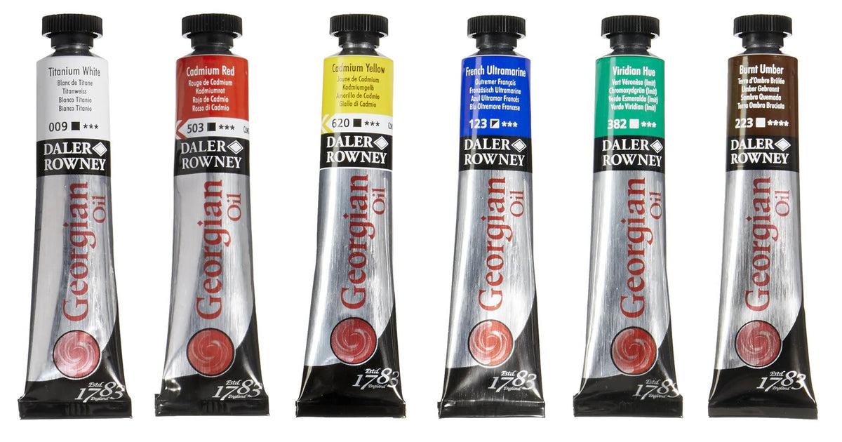 Six tubes of Daler Rowney Georgian Oil colour paint in various colors, arranged in a row against a white background.