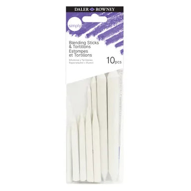 Daler-Rowney Simply White Blending Sticks & Tortillons set of 10, in a clear plastic blister pack with a white and purple header card.