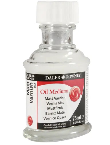 A 75ml bottle of Daler Rowney Matt Varnish Oil Mediums, featuring a white cap and a label with red, black, and white sections, set against a plain white background.