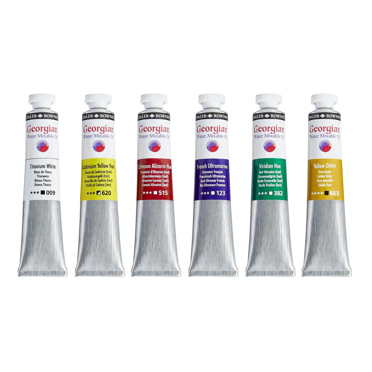 Six tubes of Daler Rowney Georgian Watermixable Oil paint displayed in a row against a white background. The tubes are metallic silver with white caps and feature different color labels including ochre, green, purple, red, yellow, and white.