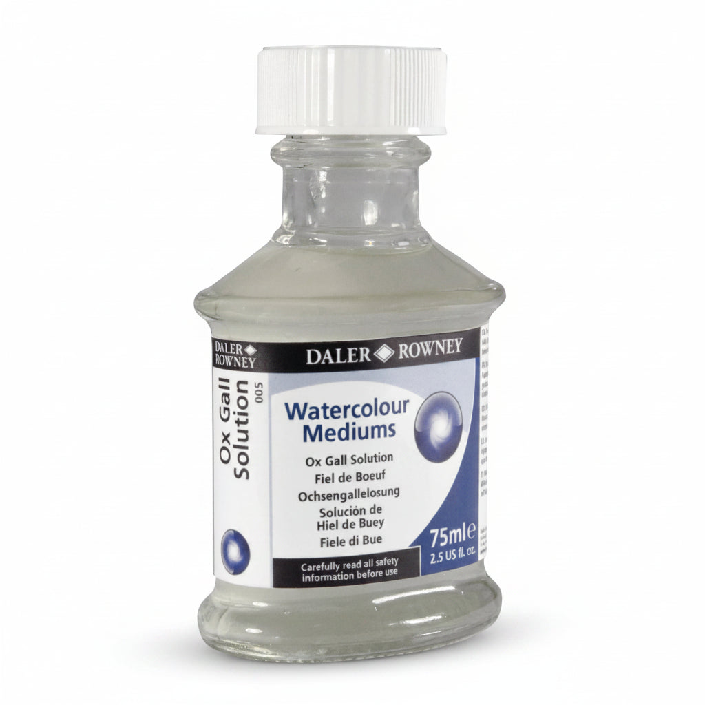A 75ml bottle of Daler Rowney Watercolour Mediums Ox Gall Solution, featuring a clear plastic bottle with a white cap and a white, blue, and black label.