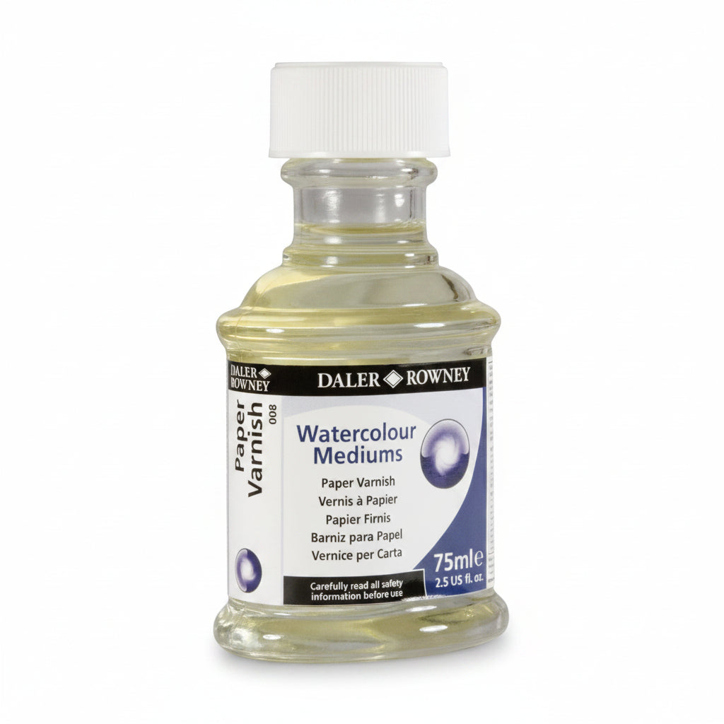 A 75ml bottle of Daler Rowney Watercolour Mediums Paper Varnish, showing the clear liquid inside and the white cap, on a white background.