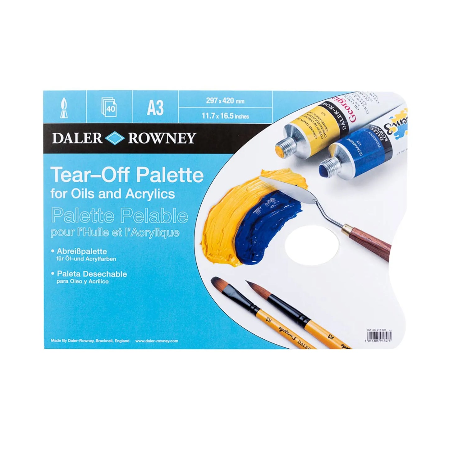 Daler Rowney tear-off palette for oils and acrylics with paint tubes and brushes on a white background