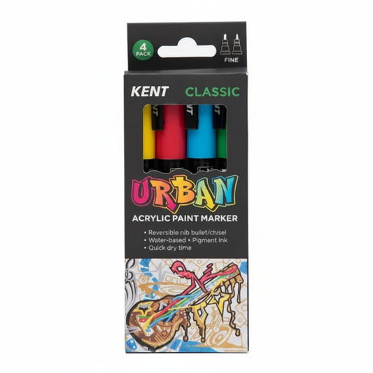 Packaging of Kent Urban acrylic paint markers with four colors on a white background