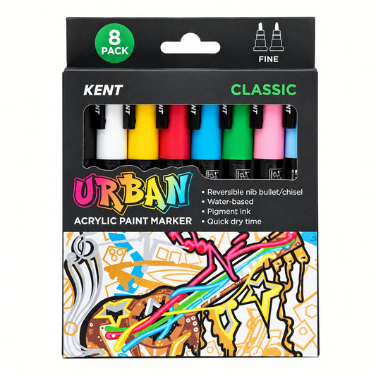Pack of Kent Urban Acrylic Paint Markers with 8 colors on a white background