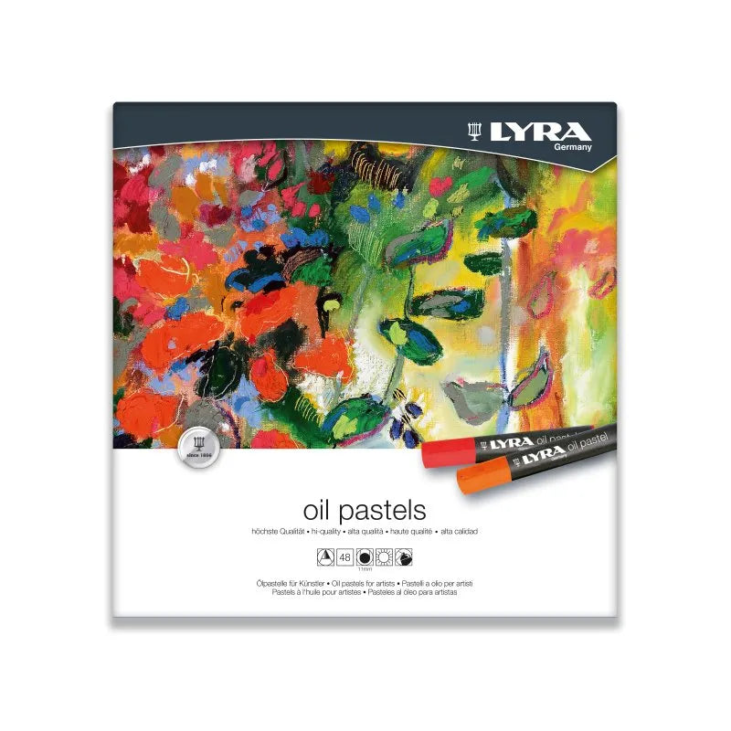 LYRA oil pastels packaging with colorful art illustration on a white background