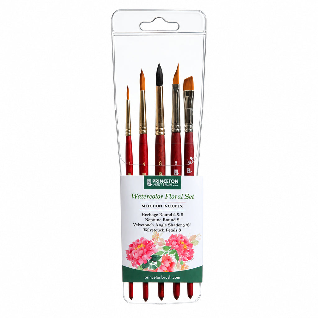 Set of Princeton watercolor brushes in packaging with floral design on a white background