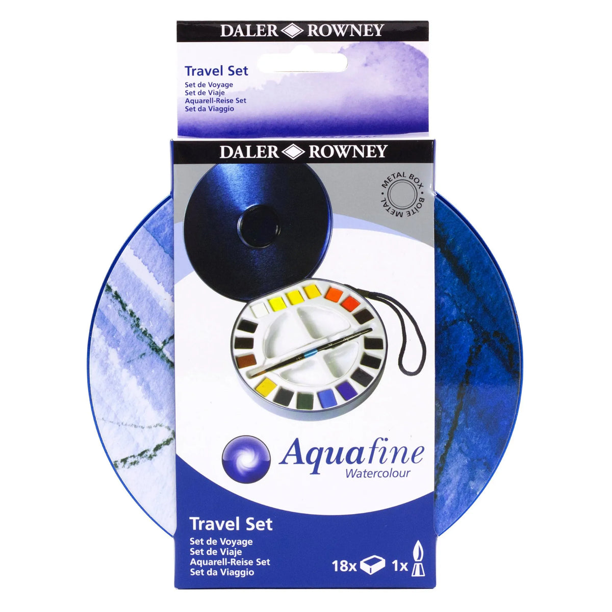 Daler Rowney Aquafine watercolour travel set packaging on a white background