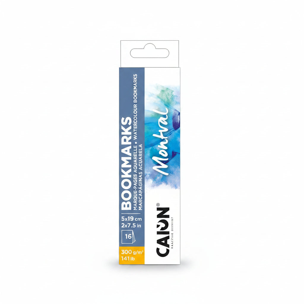 Canson Montval bookmarks cardstock pack, 16 count, 300 g/m2, 5x19 cm x 2x7.5 in, featuring a blue and white watercolor design on the packaging.