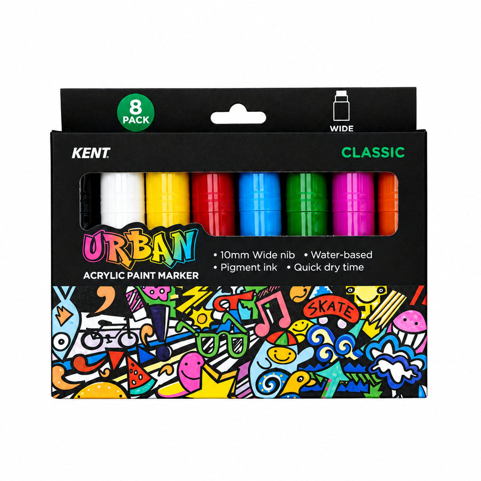 Kent Urban Classic 8-pack of acrylic paint markers in a black cardboard box with a colorful graffiti-style illustration on the front.