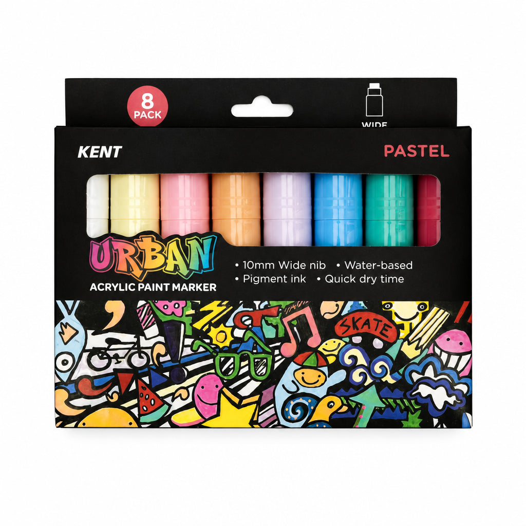 Kent Urban Acrylic Paint Marker 8-pack in a black box with a colorful graffiti-style illustration on the lower half, showing the pastel marker colors through a clear window.