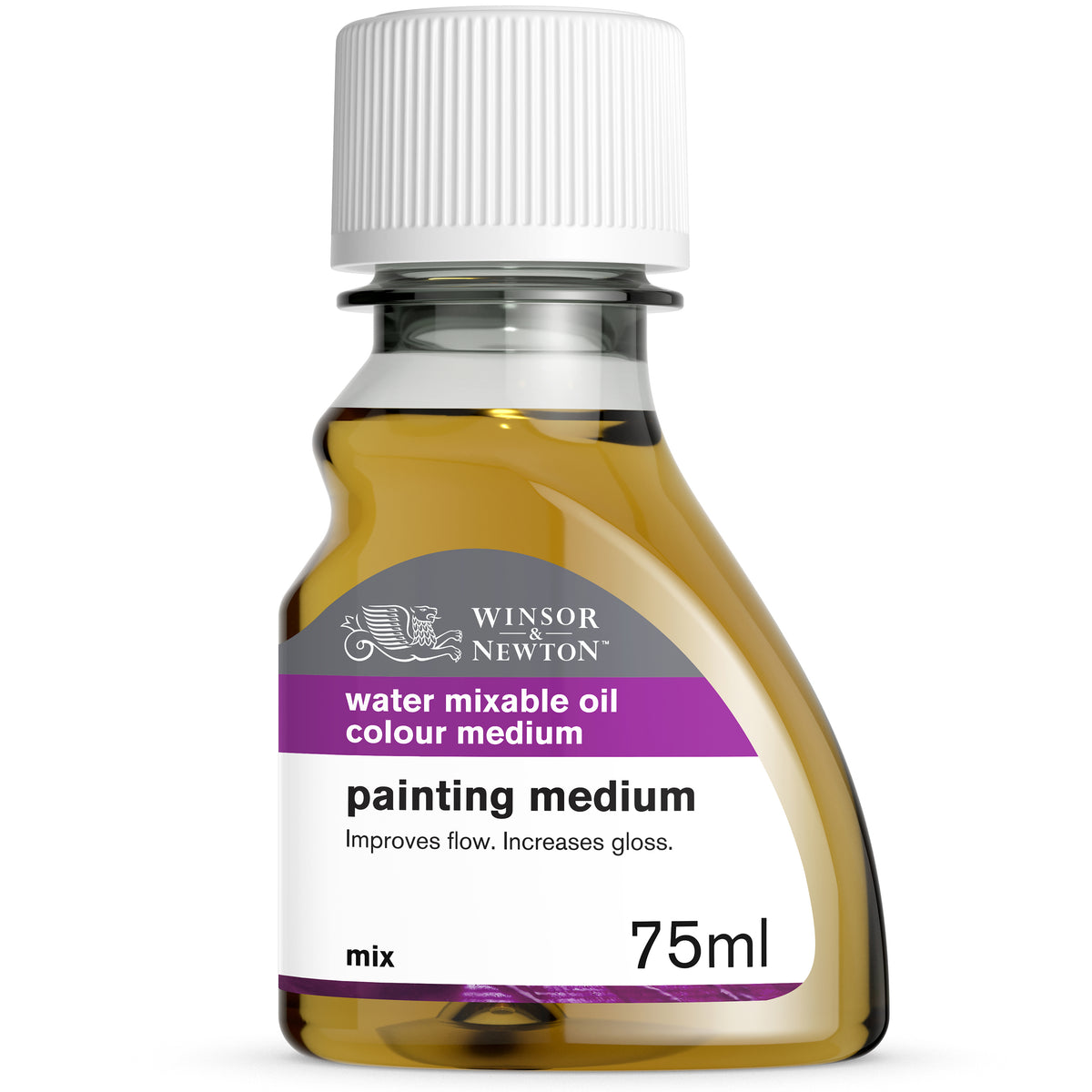 Bottle of Winsor & Newton water mixable oil painting medium on a white background