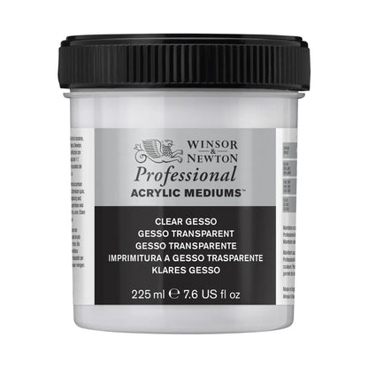 Jar of Winsor & Newton Professional Acrylic Clear Gesso Medium on a white background