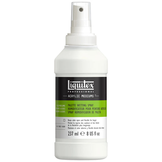A bottle of Liquitex Professional Acrylic Mediums Palette Wetting Spray, 227 ml, featuring a white bottle with a black and green label.