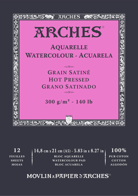 Arches watercolor paper packaging with pink label on a black background