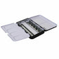 An open black and white paint tin palette case with multiple compartments, shown on a plain white background.