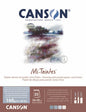 Front of a Canson Mi-Teintes drawing and pastel paper pack, showing the Canson logo, a watercolor landscape illustration, and product details including 160 g/m² (98 lb), 24 x 32 count, and cool tone palette swatches on a white background with a brown band at the bottom.