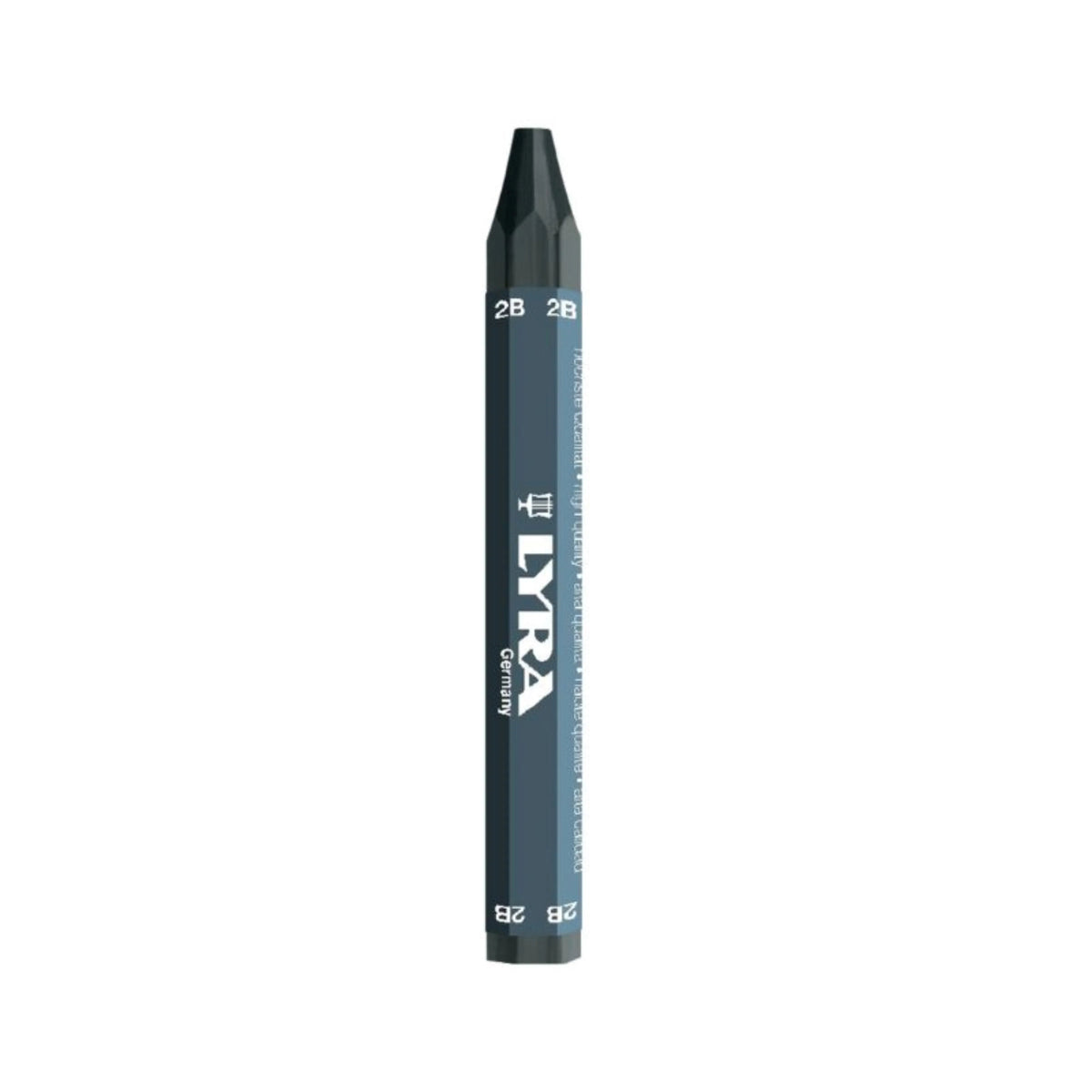 A single dark charcoal gray 2B Lyra graphite pencil standing vertically on a plain white background.
