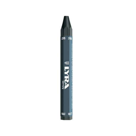 A single dark charcoal gray 2B Lyra graphite pencil standing vertically on a plain white background.