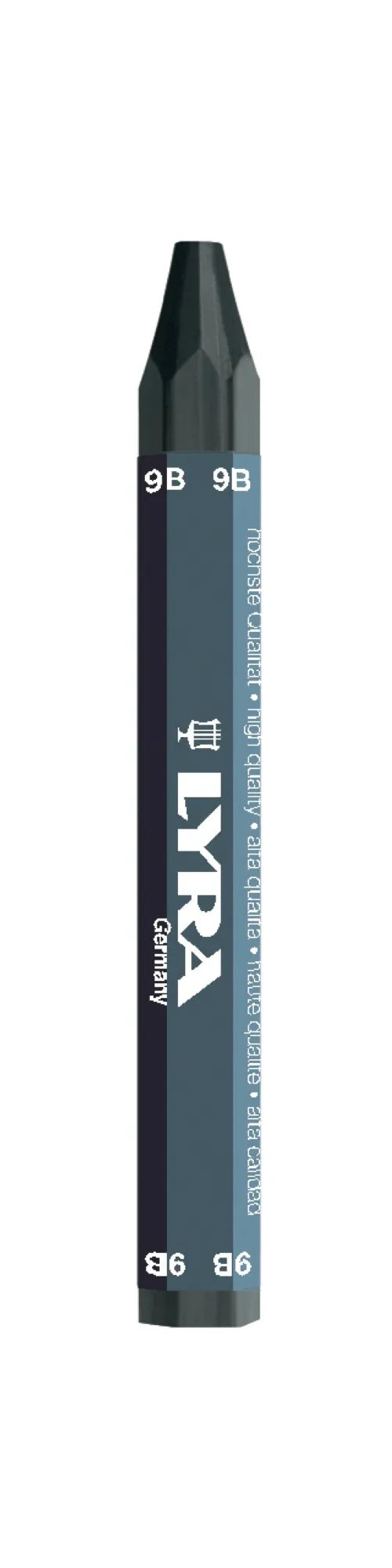 A single dark gray crayon with white text reading 'LYRA' and '9B' on a plain white background.