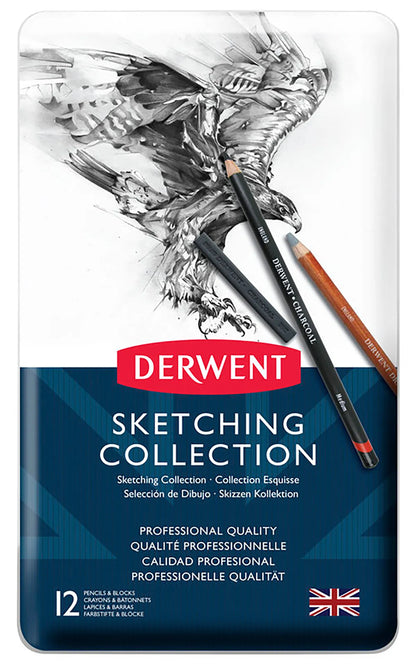 Derwent sketching pencils set in a tin with a white background